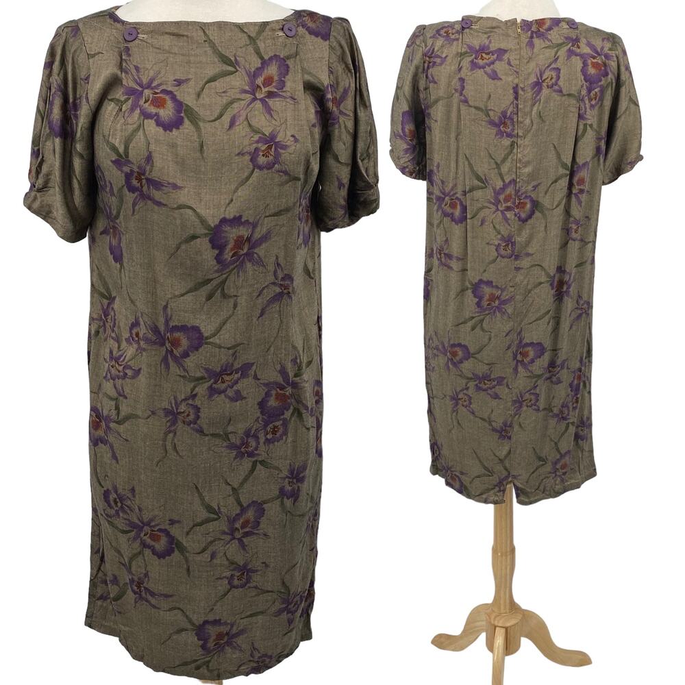 Vintage Dress Puff Sleeve Boat Neck Sheath Mini Iris Floral Print Green Womens 8